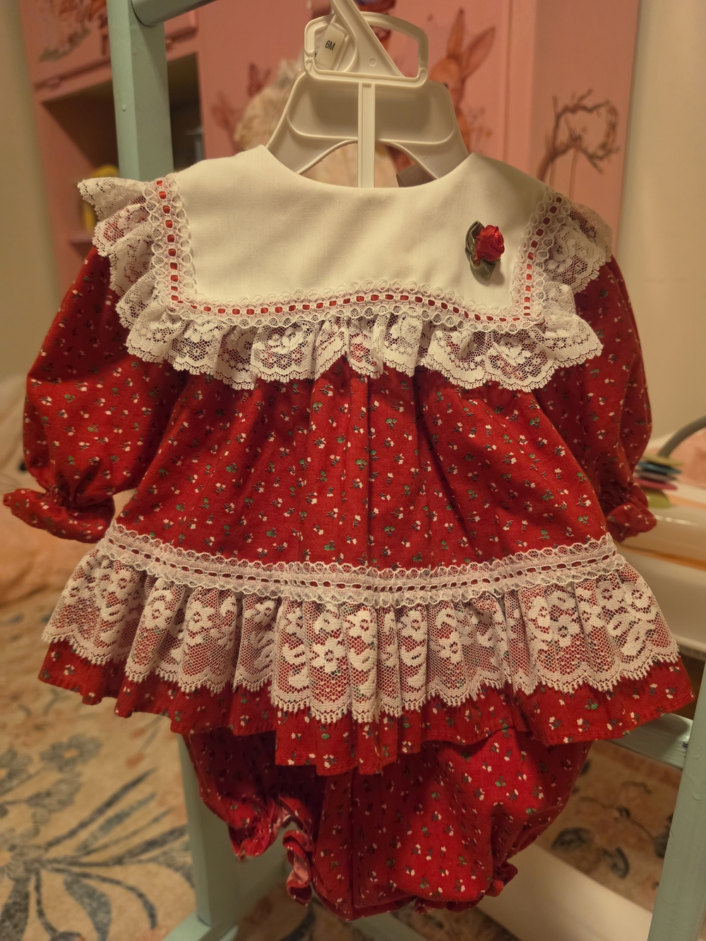 Vintage Bryan Red Ruffle Lace Baby Girl Set